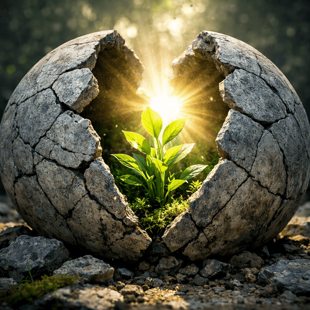 Green plant emerging from inside cracked round soil with sunlight
