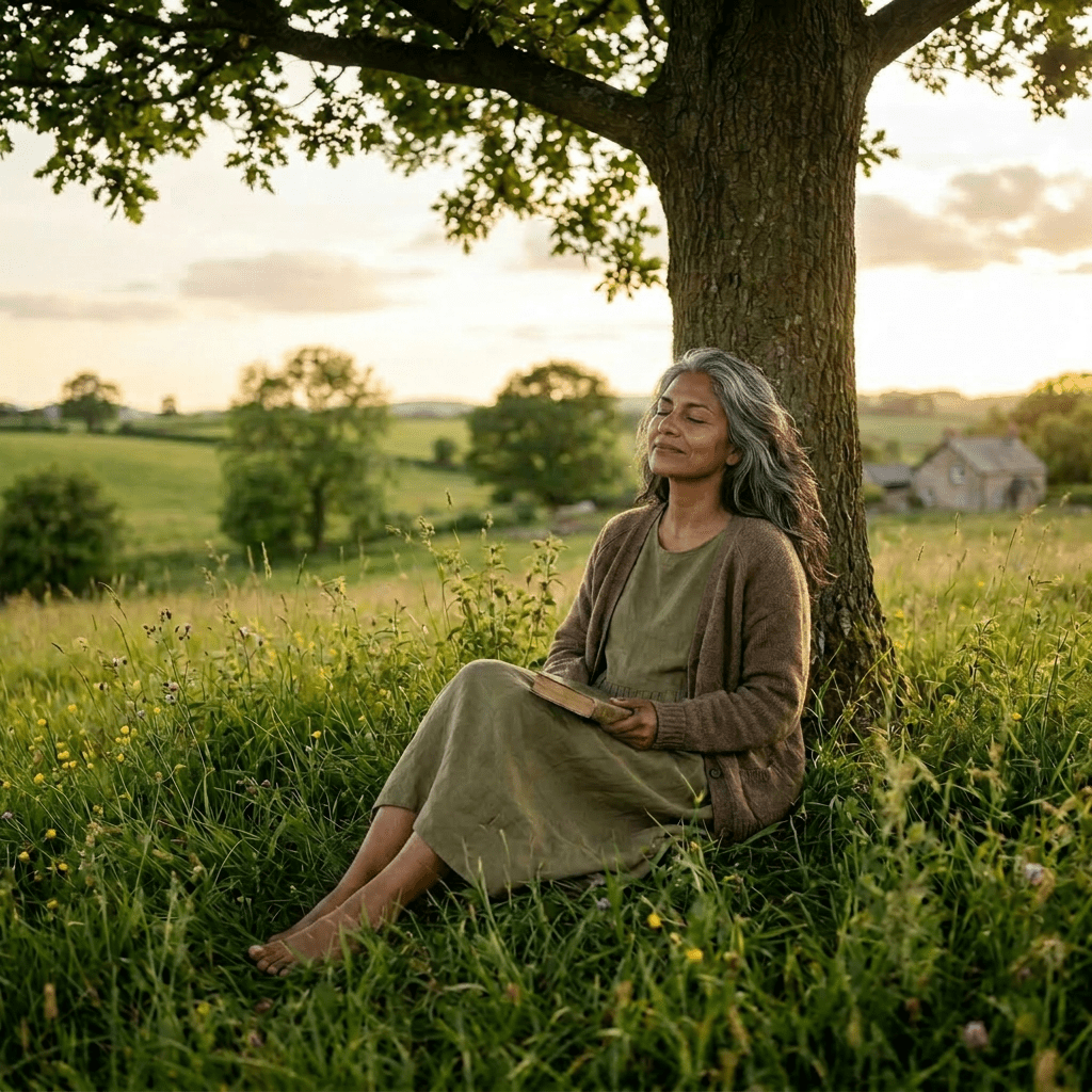 Woman sitting barefoot in grass reading a book under a tree at sunset