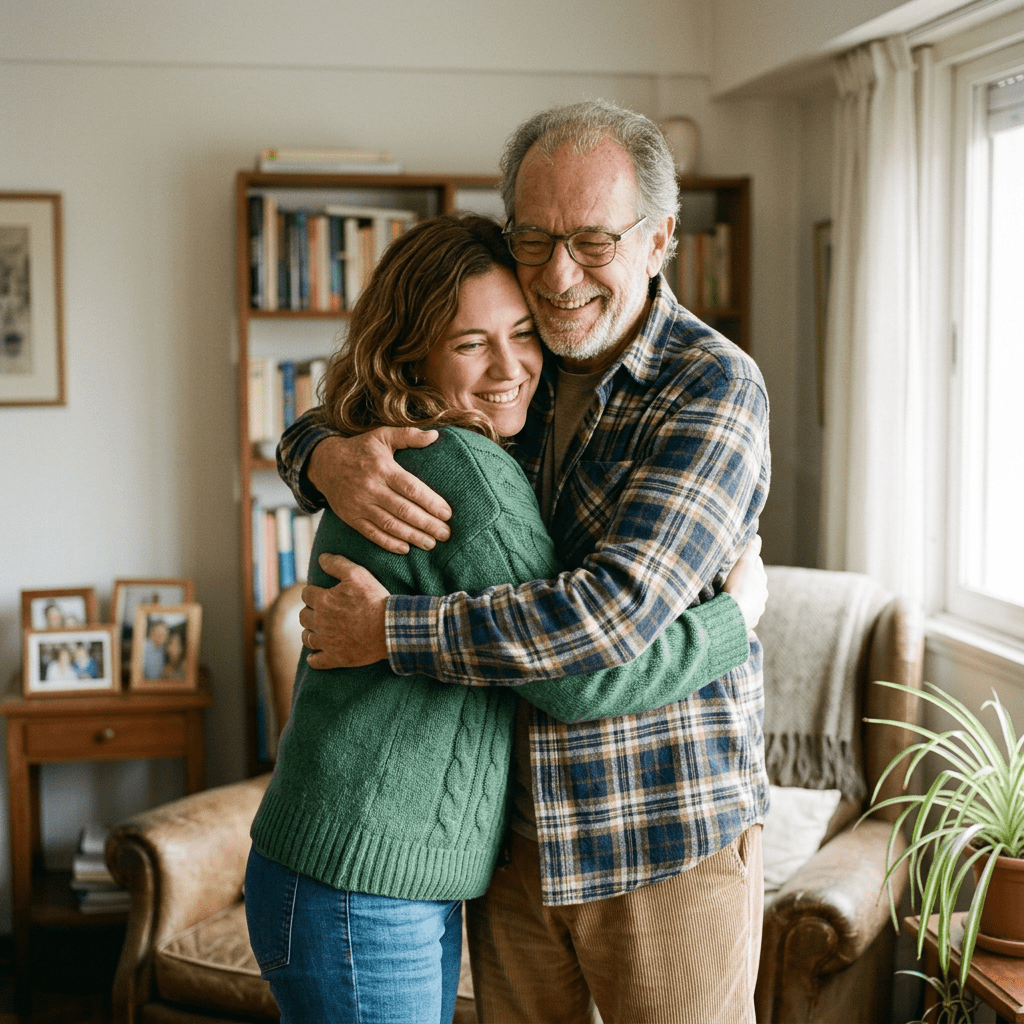 An older man and a woman hugging warmly in a home setting