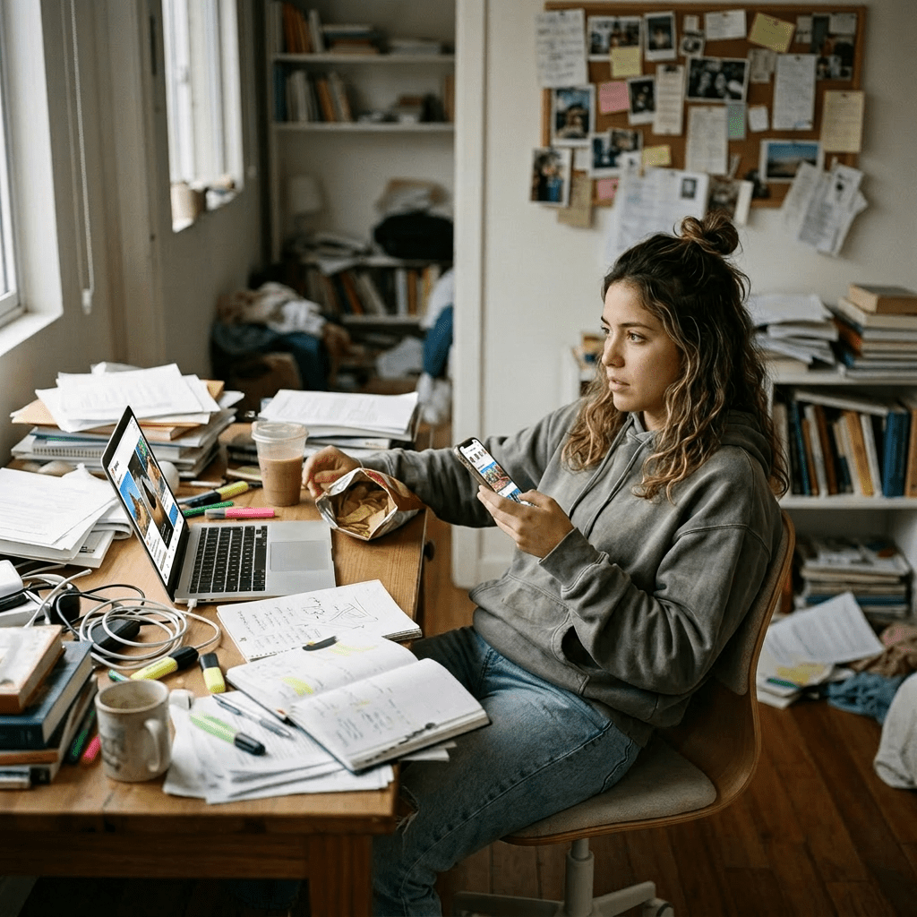 Young woman in a hoodie sitting at a cluttered desk with laptop, phone, and notebooks