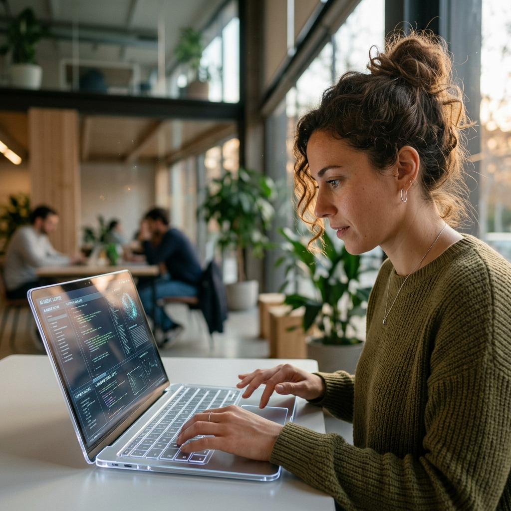 Woman typing code on a laptop in a modern coworking space with plants