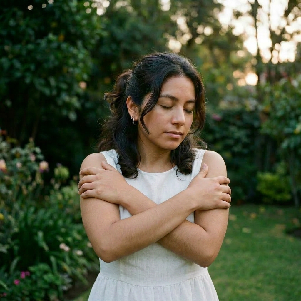 Woman with closed eyes hugging herself outdoors in a garden