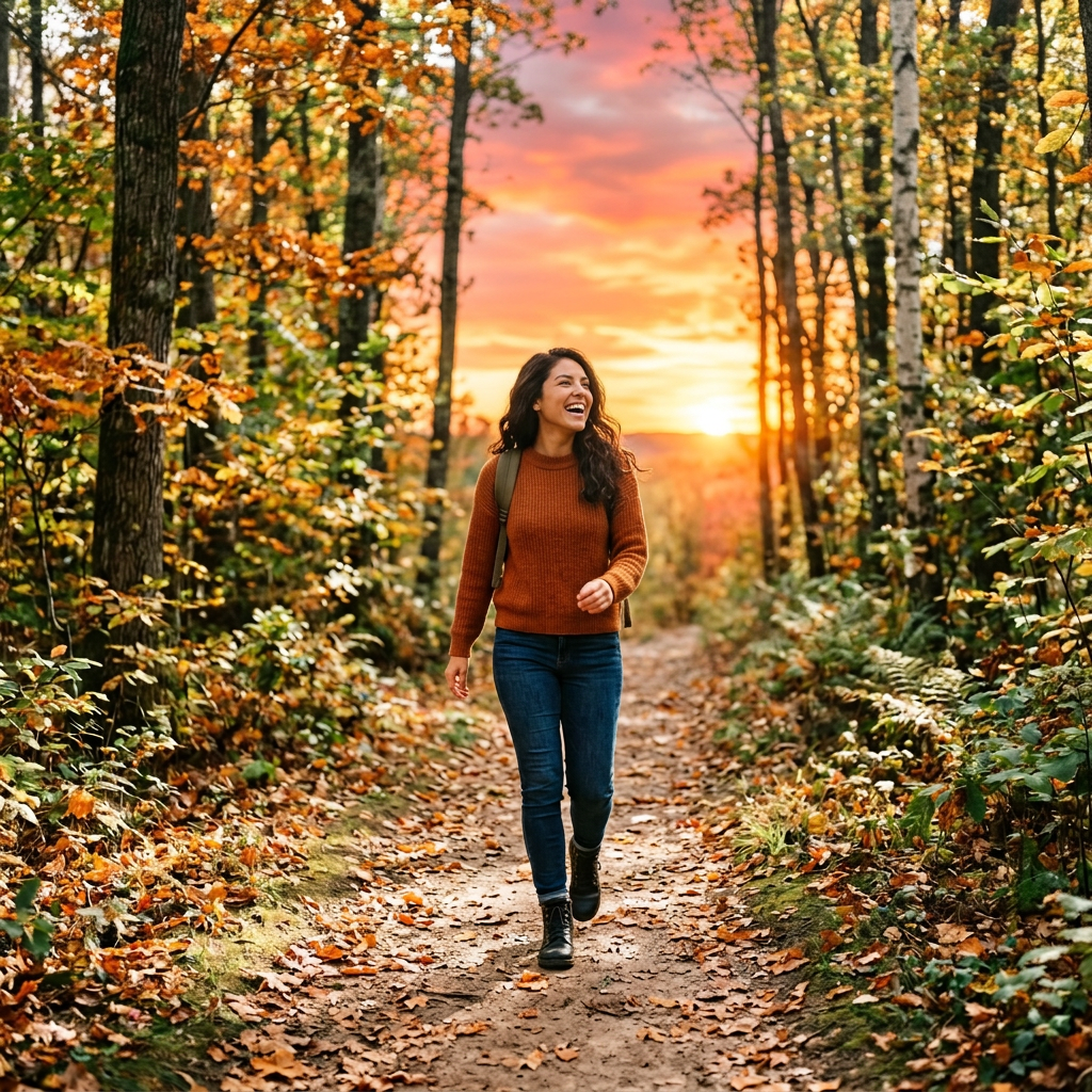 Smiling woman walking along a leaf-covered autumn forest trail