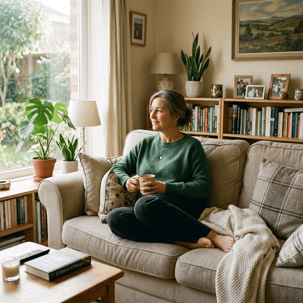Woman sitting on sofa holding a mug in a cozy living room